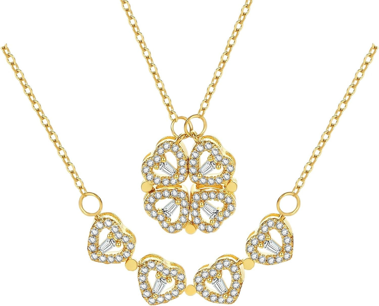 2 in 1 Four Leaf Clover Charm Lucky Necklace Heart Crystal Pendant