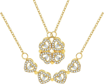 2 in 1 Four Leaf Clover Charm Lucky Necklace Heart Crystal Pendant