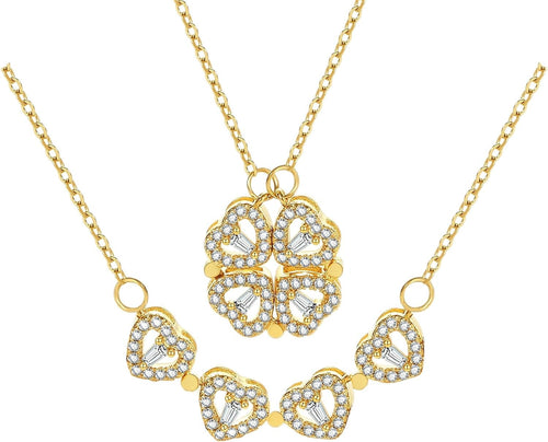 2 in 1 Four Leaf Clover Charm Lucky Necklace Heart Crystal Pendant