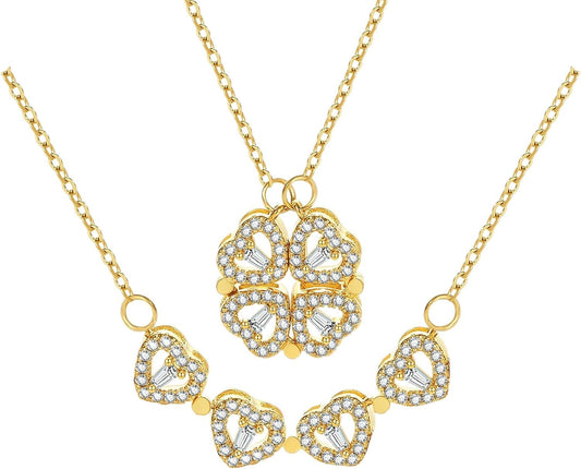 2 in 1 Four Leaf Clover Charm Lucky Necklace Heart Crystal Pendant