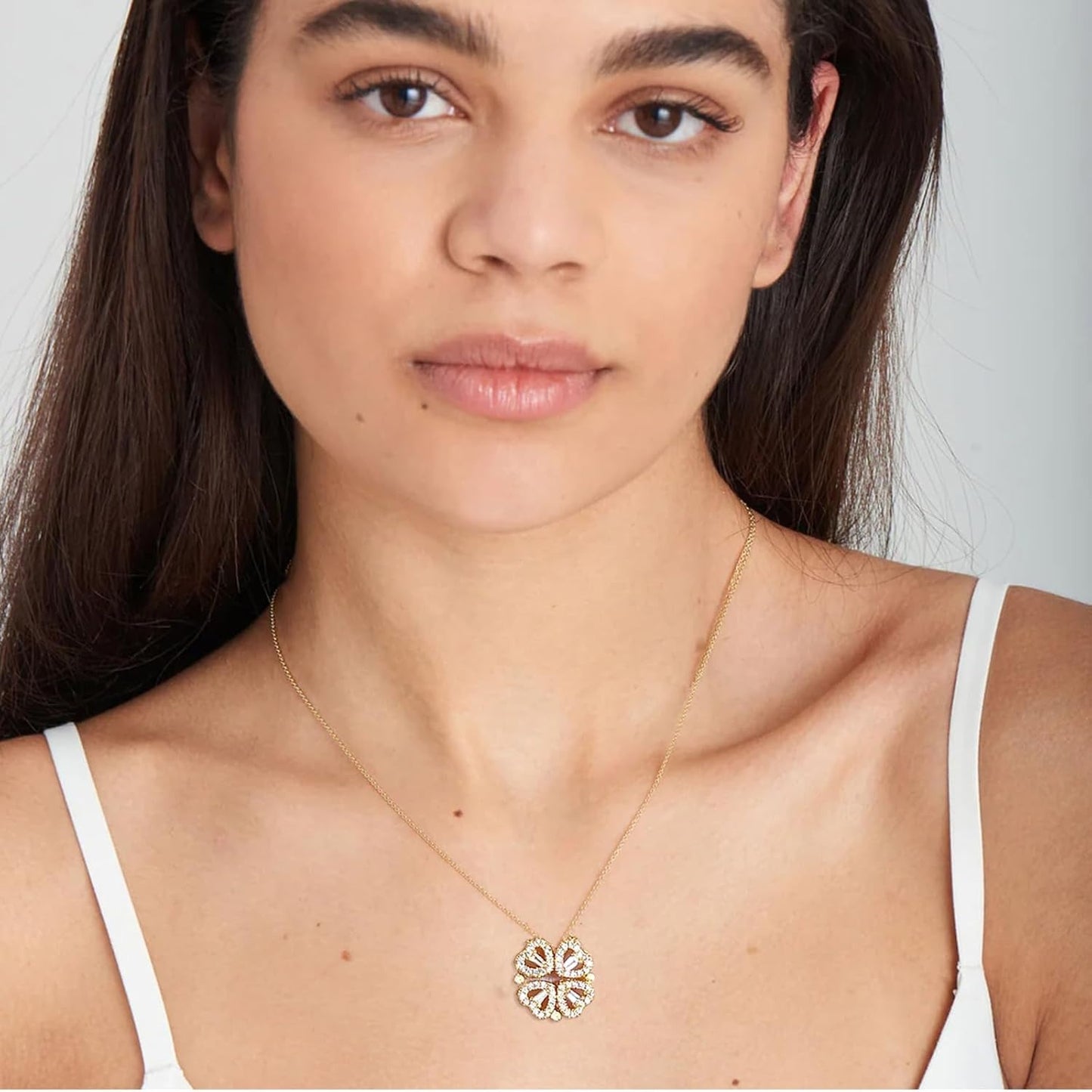 2 in 1 Four Leaf Clover Charm Lucky Necklace Heart Crystal Pendant